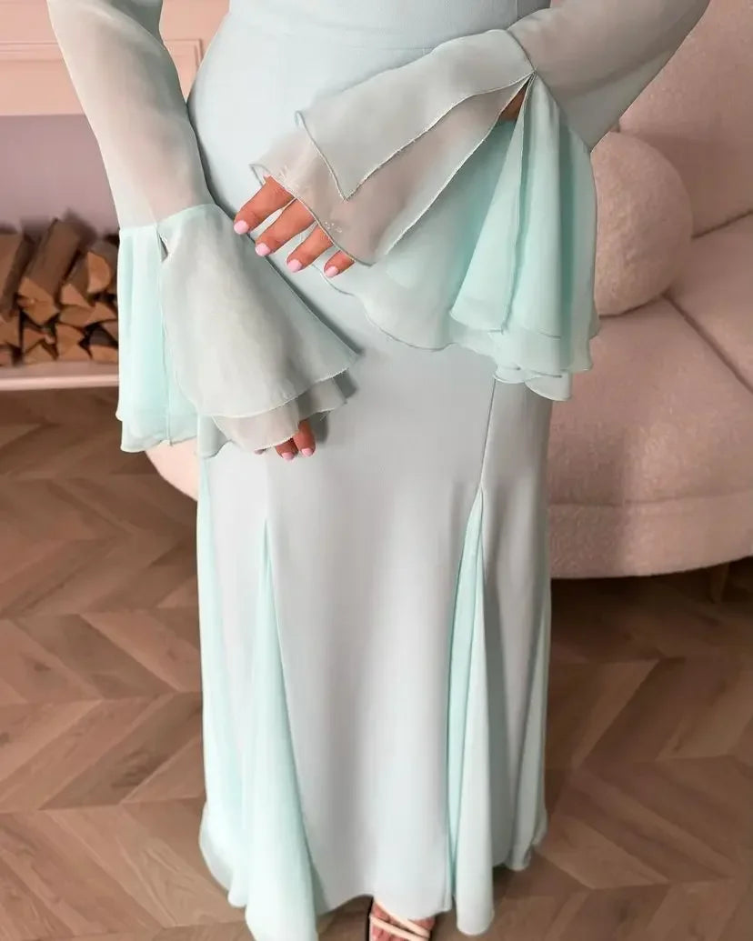 Weitese Dress Evening Dresses Mermaid Long Sleeves Prom Gowns Square Pleated Chiffon Floor Length Party Dress